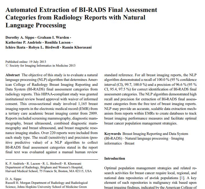 BIRADS Extraction Existing regular expression produced very high accuracy results in recent publication Approach needs work