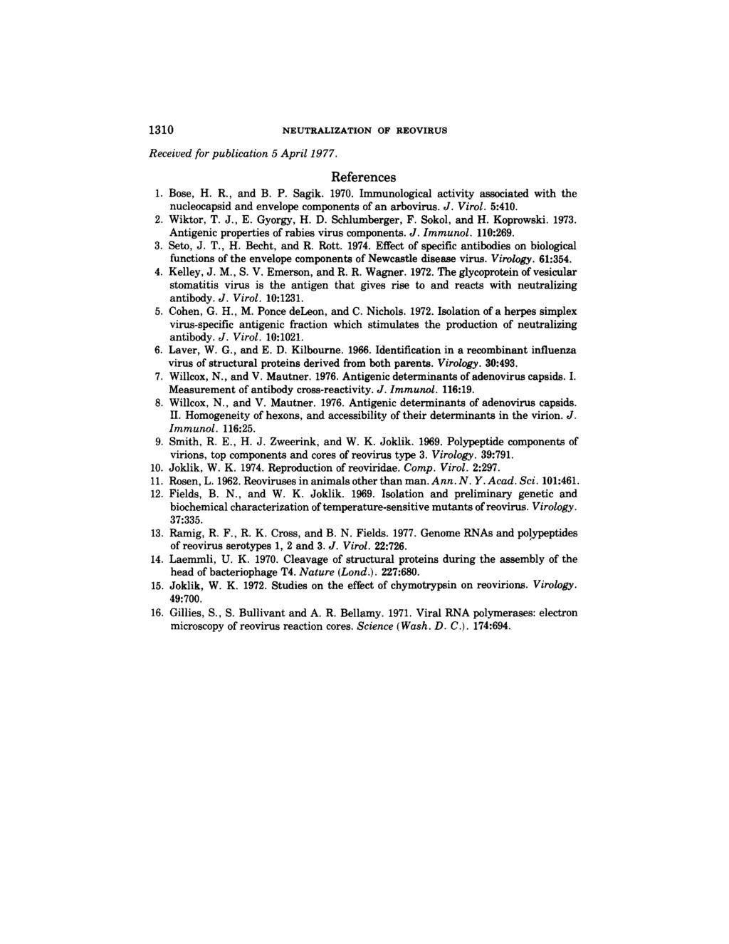1310 NEUTRALIZATION OF REOVIRUS Received for publication 5 April 1977. References 1. Bose, H. R., and B. P. Sagik. 1970.
