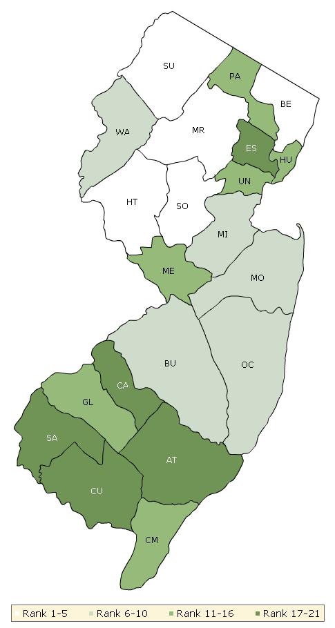 The maps on this page display New Jersey s counties divided into groups by health rank. The lighter colors indicate better performance in the respective summary rankings.