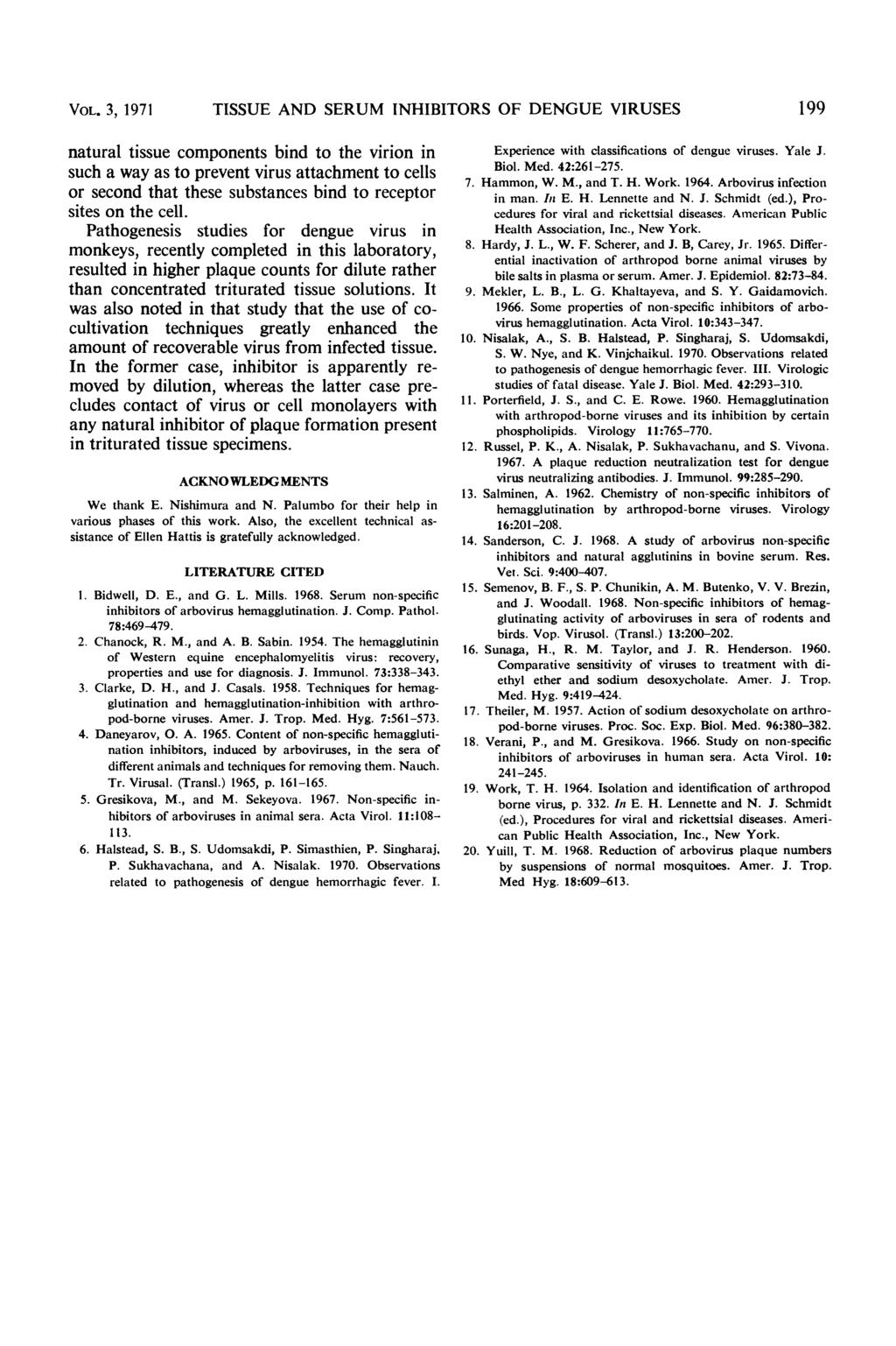 VOL. 3, 1971 TSSUE AND SERUM NHBTORS OF DENGUE VRUSES 199 natural tissue components bind to the virion in such a way as to prevent virus attachment to cells or second that these substances bind to