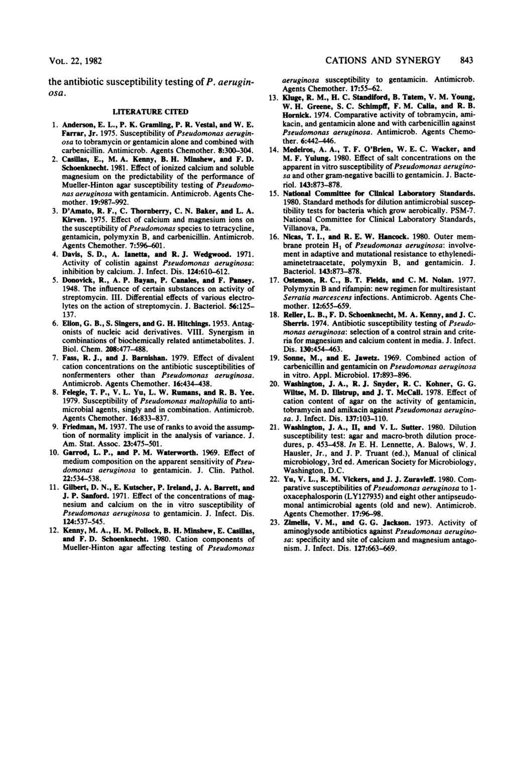 VOL. 22, 1982 the antibiotic susceptibility testing of P. aeruginosa. LITERATURE CITED 1. Anderson, E. L., P. K. Gramling, P. R. Vestal, and W. E. Farrar, Jr. 1975.