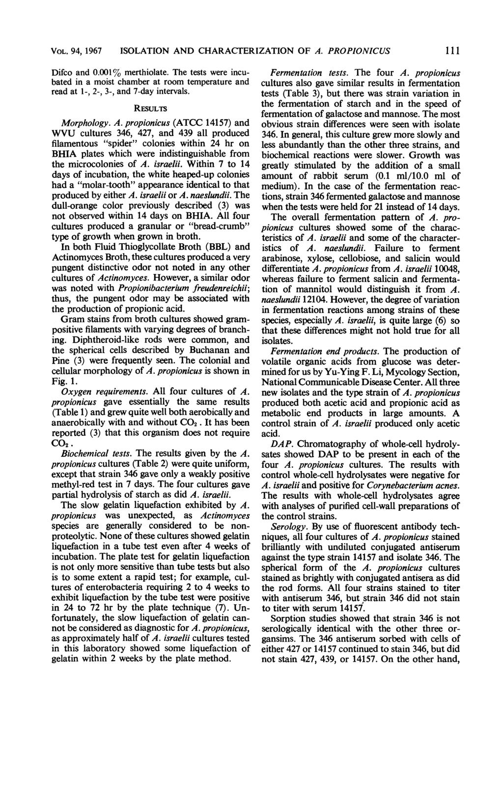 VOL. 94, 1967 ISOLATION AND CHARACTERIZATION OF A. PROPIONICUS Difco and 0.001% merthiolate.