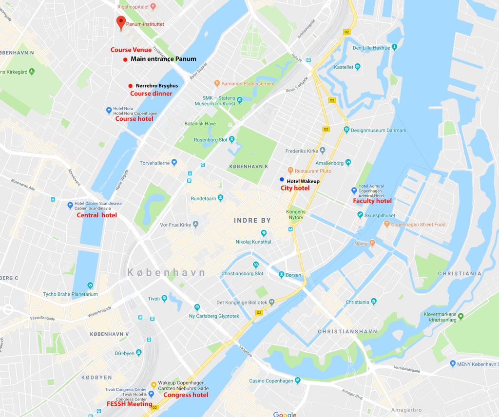 Map showing course venue, hotels, FESSH