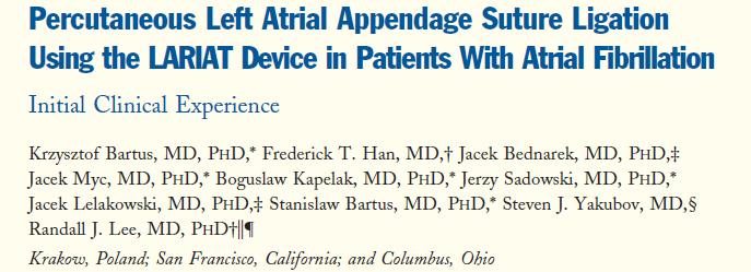 LARIAT Epicardial LAA Ligation first clinical experiences Single center non-randomized trial 85/89 (96%) patients IMPL/INCL 81 pts complete closure immediatelly 3 pts >2 mm residual leak 1 pt >3 mm