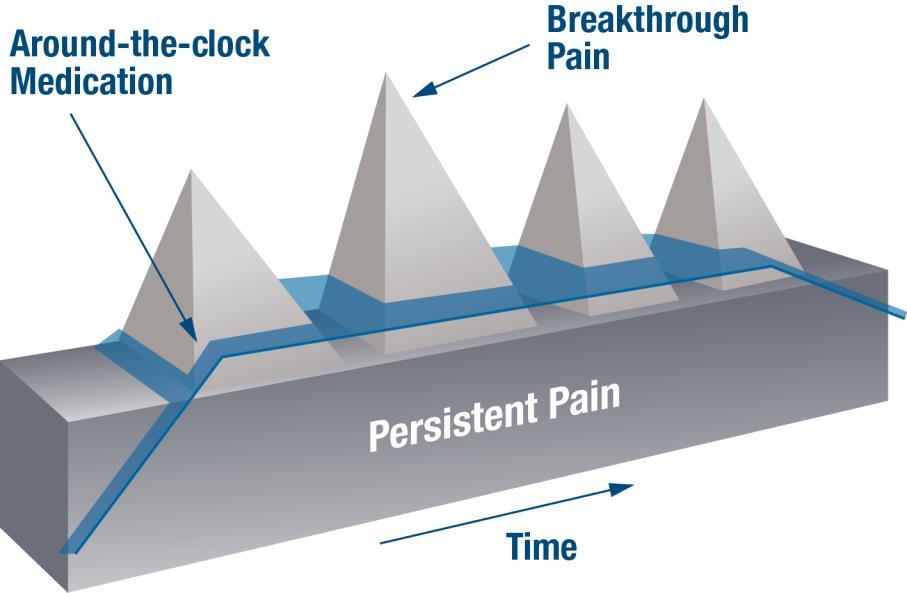 Working Definitions of Breakthrough Pain 1990: A transitory exacerbation of pain that occurs on a background of otherwise stable pain in a patient receiving chronic opioid therapy.