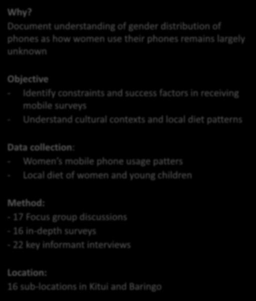 Phase I: Formative Feasibility Study Determine feasibility of using CATI methodology for collecting women and young children dietary data Why?