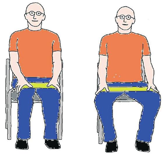 Outer thigh strengthener Sit tall near the front of the chair with your feet and knees touching then wrap the band around your legs (keeping the band as flat as possible) Take