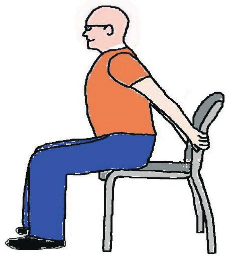 Chest stretch Sit tall away from the back of the chair Reach behind with both arms and grasp the chair back