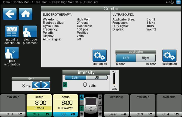 Combination To perform a combination treatment touch the Combo icon on the Home Screen. Then touch the desired electrotherapy waveform to be used with the ultrasound.