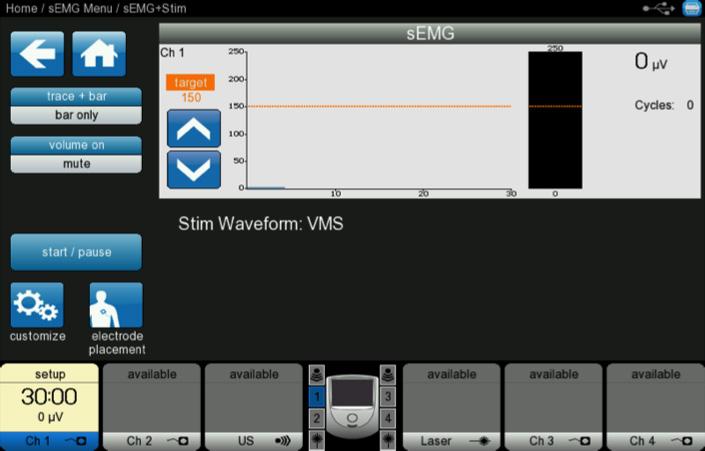 semg and semg +Stim Touch the semg+stim icon with the desired