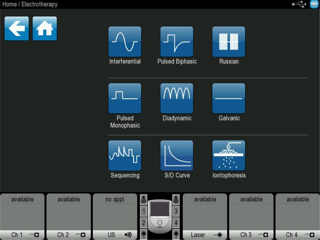 Electrotherapy To begin an electrotherapy treatment, touch the Electrotherapy icon on the home screen and then choose the desired waveform group.