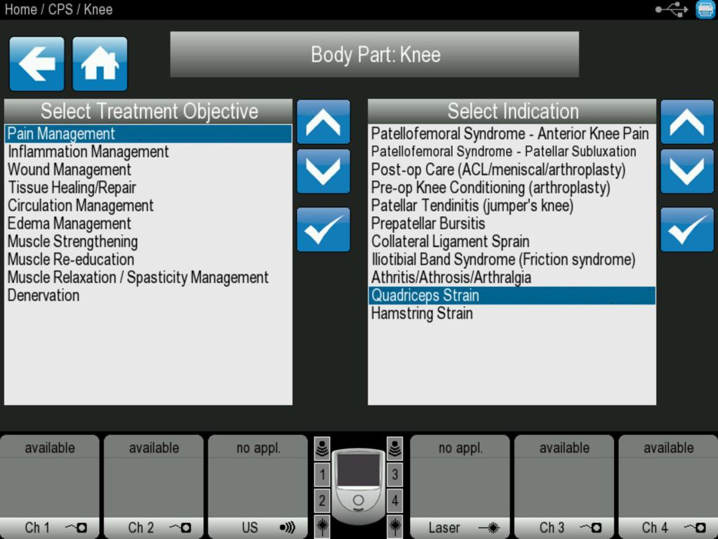 Clinical Protocol Set Up (CPS) Highlight the Treatment Objective OR Indication to be accessed by touching the up/down icons, then touch the accept icon.
