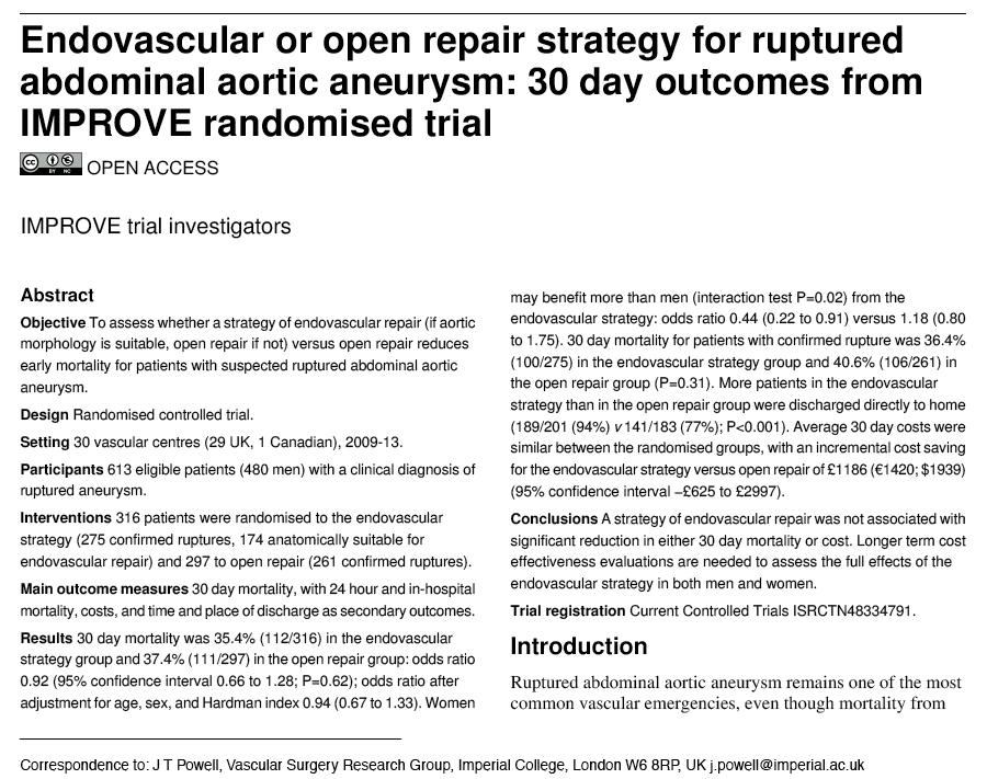 IMPROVE Trial ~300 patients on each arm Randomize before CT scan 30-day