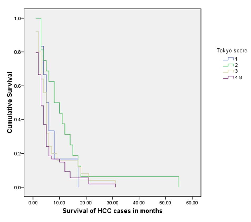 There was a significant difference of survival across the staging system (p=0.03) (Table 3). JIS score: Fifty four (53.7%) patients had a JIS score of >3 with a median survival of 3 months.