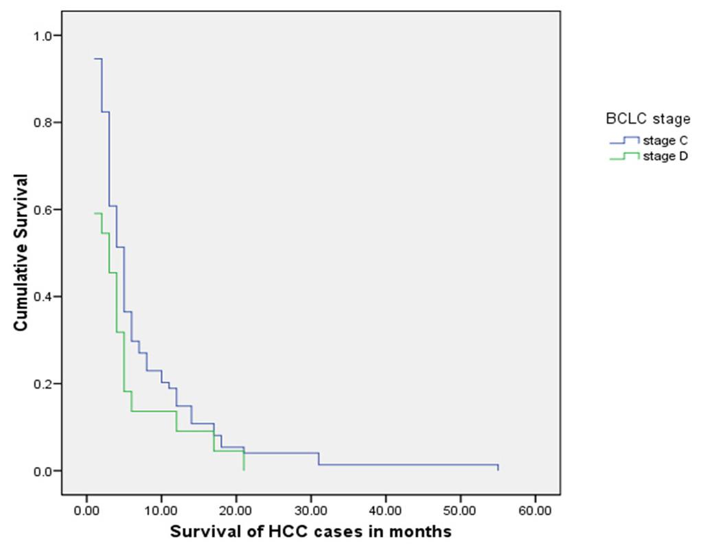 There was no significant difference of survival seen with the staging system (p=0.19) (Table 3). Tokyo score: Fifty four (53.7%) patients had a Tokyo score of >4. Only twenty two (21.