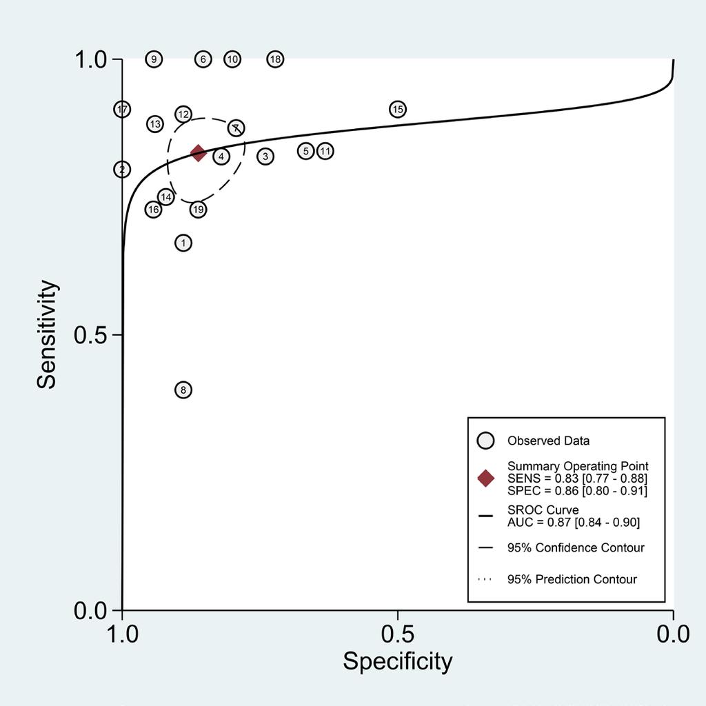 The pooled sensitivity, specificity, and AUC values of anti-mda5 antibody, respectively, were 0.82 (95% CI: 0.75 0.87), 0.87 (95% CI, 0.81 0.