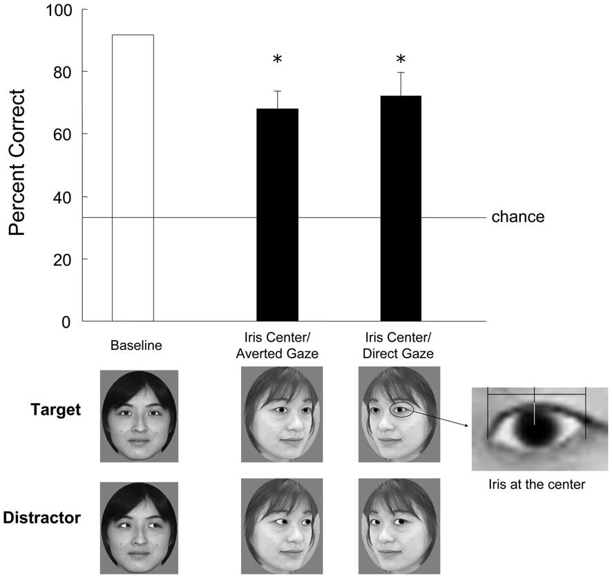 Figure 6. Mean accuracy for each condition in Experiment 3C. Examples of the stimuli are shown below the graph. The target stimuli contained eyes with the iris located at the center.