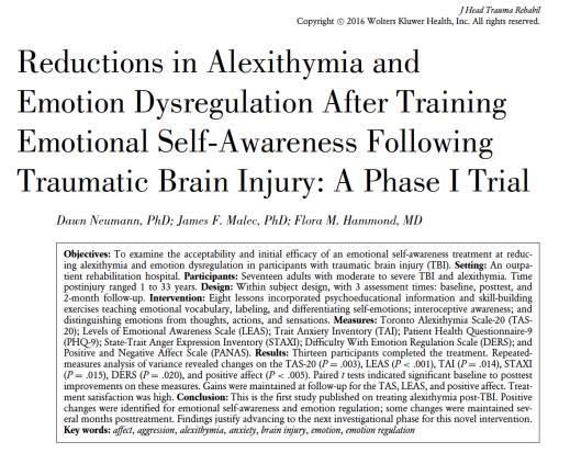 or I feel confused I m flooded by negative feelings I can t describe Can alexithymia be reduced with targeted treatment after TBI, and if so, will other aspects of emotion dysregulation also be