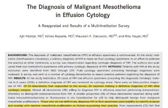 Issues in the Cytologic Diagnosis of Mesothelioma in Effusions Can you ever make a definitive diagnosis of mesothelioma on an effusion cytology specimen?