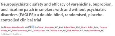 patients to treatment with nicotine patch, varenicline, bupropion or placebo in 1:1:1:1 ratio Primary Endpoint: Incidence of composite moderate and severe neuropsychiatric adverse events Main