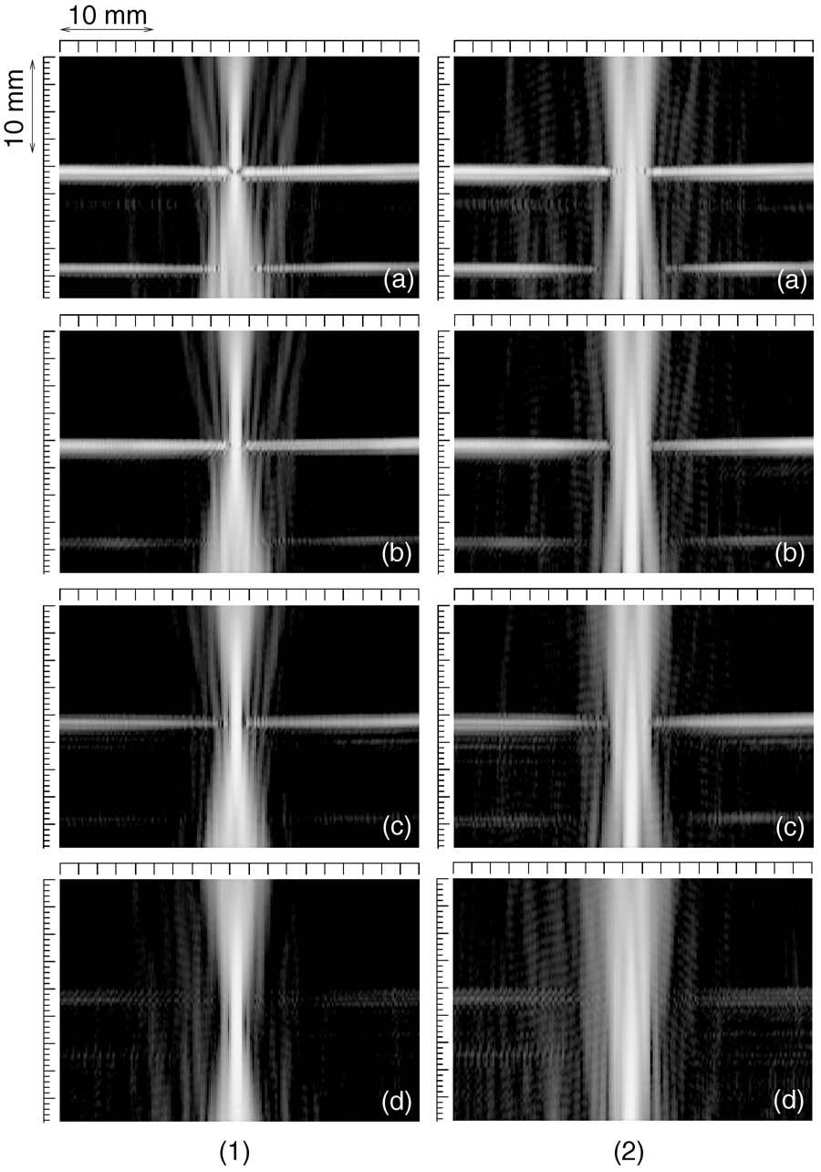 Imaging of gaps in digital joints H. HASEGAWA et al. 389 Fig. 12. Imaged transmission ultrasound in B-mode images (diameter of acrylic bars: 6 mm)