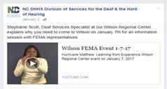 Vlogs in American Sign Language DSDHH/FEMA Event Announcements Wilson RC/FEMA Event Rescheduled to 1-21-17 https://www.youtube.com/watch?