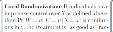 V Conditional on W and U, X is continuous at threshold, so V is continuous at the threshold Role of imprecise control Y=outcome; D = treatment;