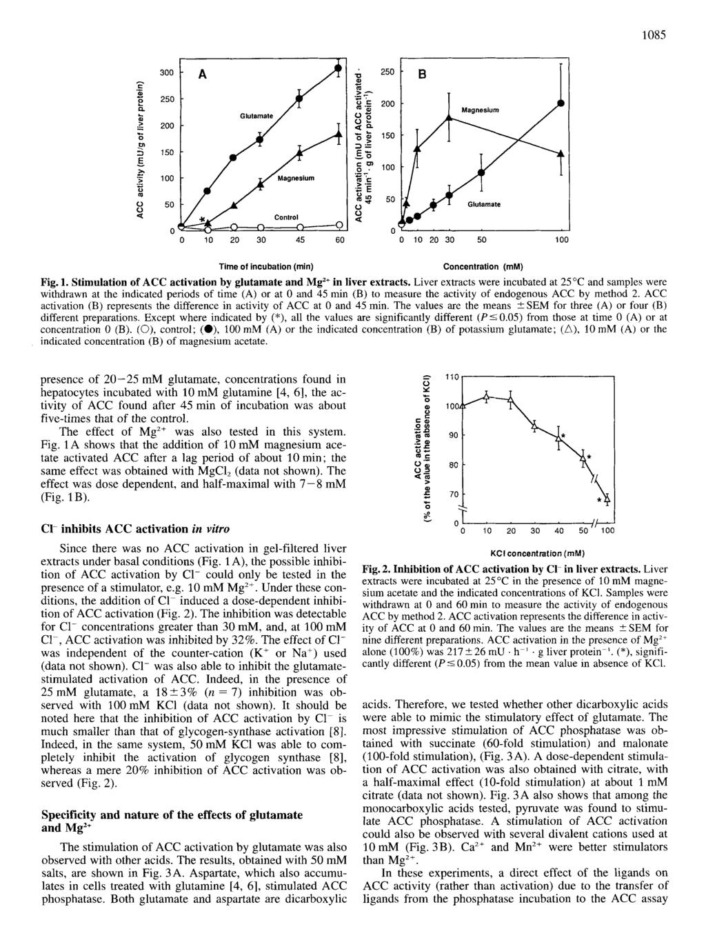 B I 1085 200 1 50 100 50 0 0 10 20 30 45 60 0 10 20 30 50 100 Time of inubation (rnin) Conentration (mm) Fig. 1. Stimulation of ACC ativation by glutamate and Mg in liver extrats.