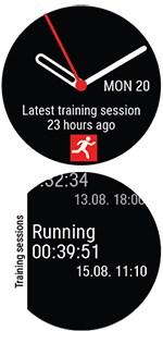In time view, use the UP and DOWN buttons to navigate to the Latest training sessions watch face, and then press OK. You can view the summaries of your training sessions from the last 14 days.
