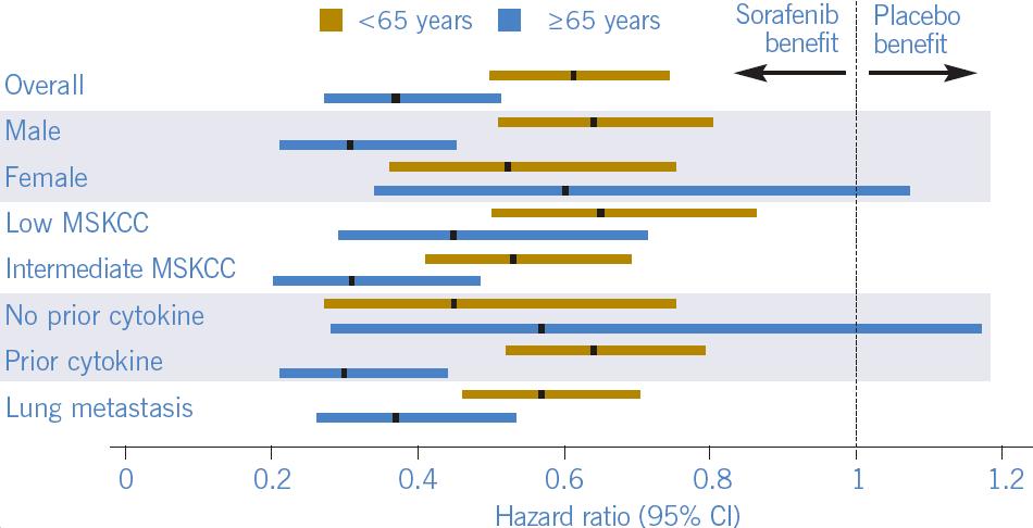 Progression-free survival Sorafenib benefit consistent across subgroups Sorafenib consistently improved median PFS 2-fold versus placebo irrespective of age subgroup PFS by subgroup demonstrated