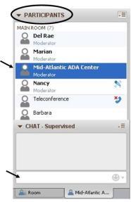 Questions In the webinar platform: Double-click on Mid-Atlantic ADA Center in the Participant List to open a tab in the Chat panel (keyboard: F-6 and arrow up or down to find Mid- Atlantic ADA