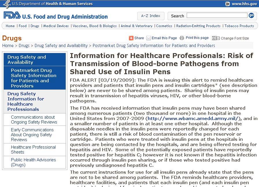 FDA Alert: Risk of BBP from shared use of insulin pens www.fda.