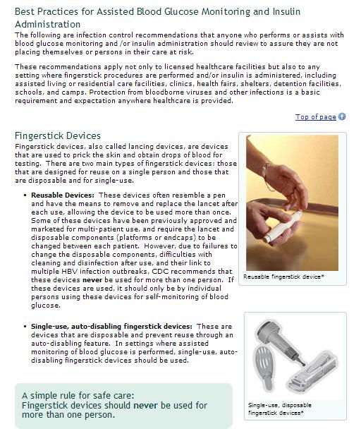 CDC: Communication, prevention activities - III Updated infection control guidance 1 Fingerstick devices should never be used for more than one person In settings where assisted monitoring of blood