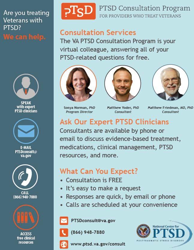 PTSD Consultation Program Any provider treadng Veterans with PTSD can ask a quesdon or request a consultadon about anything related to PTSD.