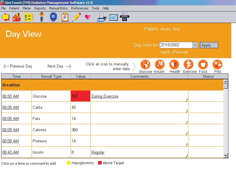 OneTouch Diabetes Management Software User Manual 116 Figure 3.19 The Day View screen of the Logbook Report You have 2 options for adding data records from the Day View screen (see Figure 3.19): 1.