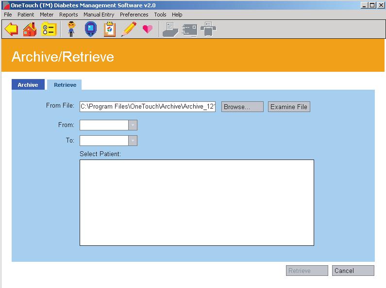 OneTouch Diabetes Management Software User Manual 135 The Retrieve Tab Retrieving lets you place archived data back in the OneTouch DMS database.