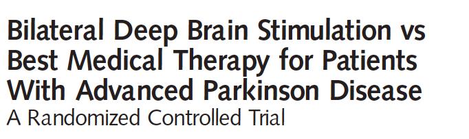 VA/NINDS Cooperative Study 255 PD patients randomized to BMT (n=134) or bilateral DBS (n=121; 61 to GPi and 60 to STN) DBS BMT ON time without troubling dyskinesia + 4.