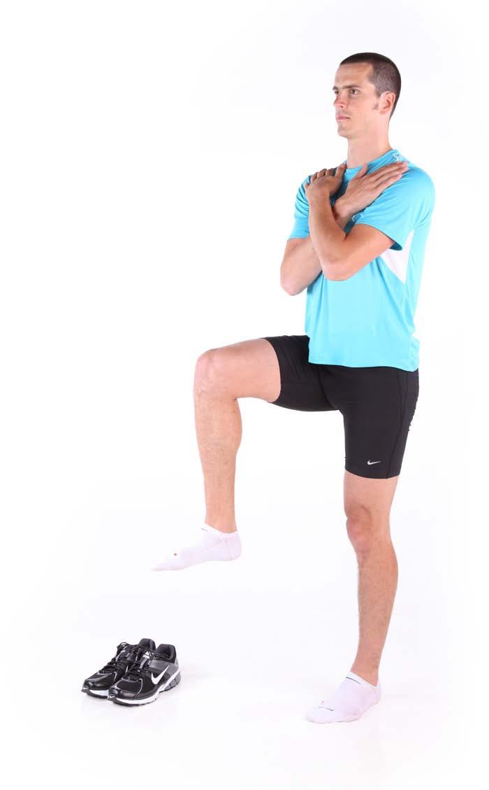 6. Single-Leg Stand Stand with your feet parallel and slightly apart. If possible, take your shoes off. Place your crossed arms on front of shoulders.