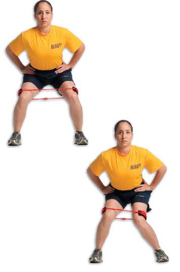 19 Movement Preparation (Level 1) Mini band External Rotations Stand with your feet slightly wider apart than your shoulders, your hips back and down, your back flat, and a mini band around your legs