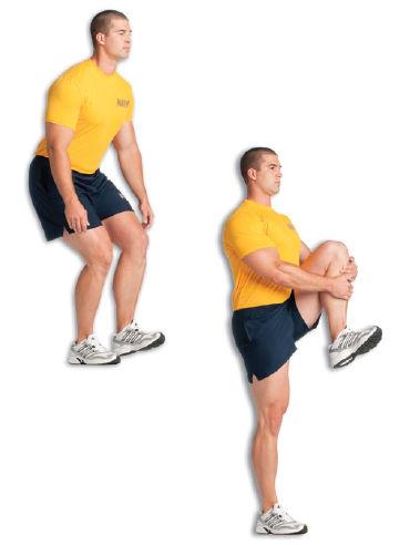 20 Knee Hug In Place Stand with your back straight and your arms at your side. Lift your left foot off the deck and slightly squat back and down on your right leg.