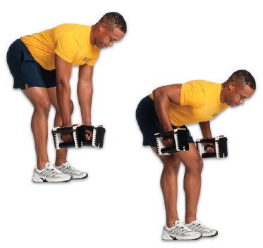 24 Bent Over Row Dumbbell Stand, hinged over at the waist, holding dumbbells in each hand.