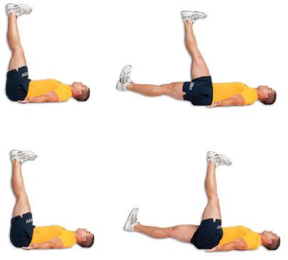 25 Straight Leg Lowering Alternating Start Position: Lying face up on deck with your knees straight and hips flexed with legs pointing up with soles of feet pointing towards the ceiling While keeping