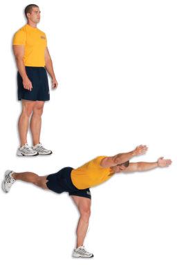 28 Inverted Hamstring Stand on one leg with perfect posture, your arms raised out to your sides, your thumbs up, and your shoulder blades back and down.