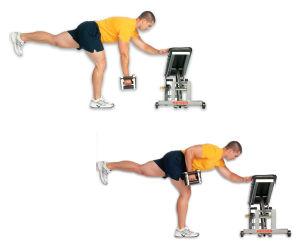 32 Bent Over Row 1 Arm 1 Leg Dumbbell Stand, hinged over at the waist, holding a dumbbell in one hand.