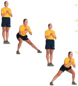 35 Lateral Lunge Alternating Stand with good posture with your hands at your sides and feet shoulder width apart. Step to the right with your right foot, keeping your toes forward and your feet flat.