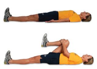 46 Knee Hug Supine Lie on your back with both legs straight. Actively lift one knee to your chest and then give it gentle assistance by grabbing the knee and pulling it closer to your chest.