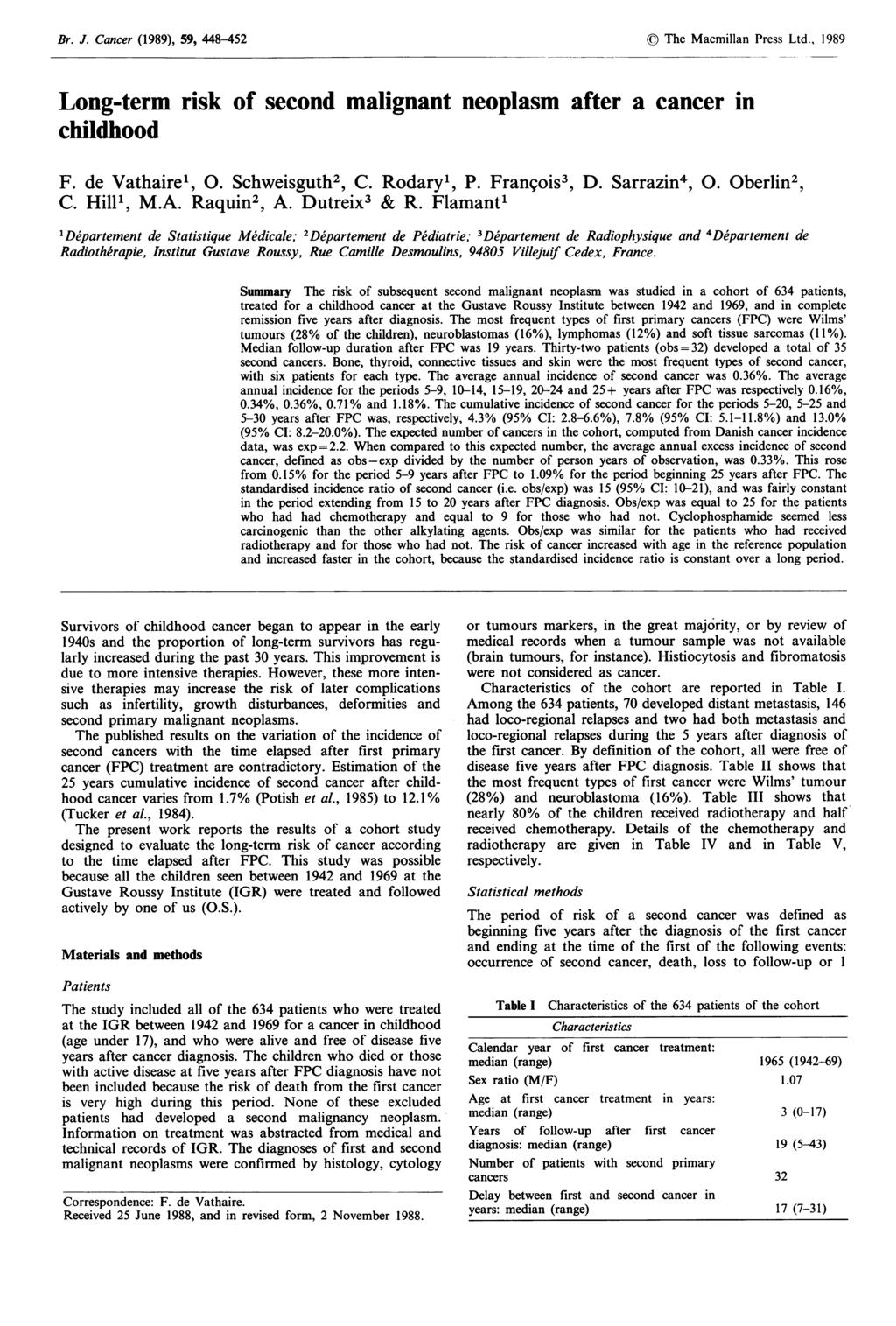 Br. J. Cancer (1989), 59, 448-452 The Macmillan Press Ltd., 1989 Long-term risk of second malignant neoplasm after childhood a cancer in F. de Vathairel, 0. Schweisguth2, C. Rodaryl, P. Fran9ois3, D.