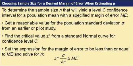 We determine a sample size for a desired margin of error when estimating a mean in much the same way we did when estimating a proportion.