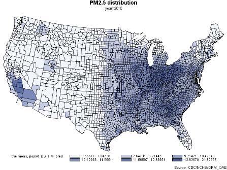 Figure 3. Annual modeled PM2.5 distribution over contiguous US: 2001 and 2010 Figure 4. Annual modeled PM2.5 in metropolitan, micropolitan and nonmetropolitan areas over the contiguous US, 2003 2009.