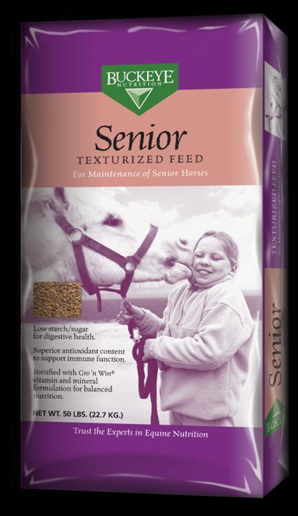 Senior A naturally palatable, low molasses feed, Senior Texturized is designed for healthy, older horses with functional teeth that can still eat long-stemmed forage. $20.99 Crude Protein, Min. 12.